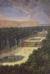 The Groves of Versailles, Perspective View of the Three Fountains with Cherubs Raking and Watering, 1688